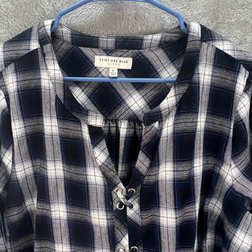 Skies Are Blue Curvy Navy Blue White Plaid Lace Up 1X Rustic Grunge Boho Country